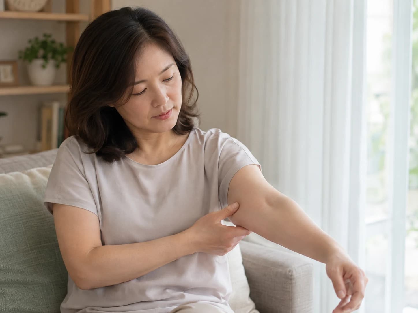 팔꿈치가 불편한 부위를 짚어 보는 성인의 일상 장면 — AI 설명용 연출 이미지