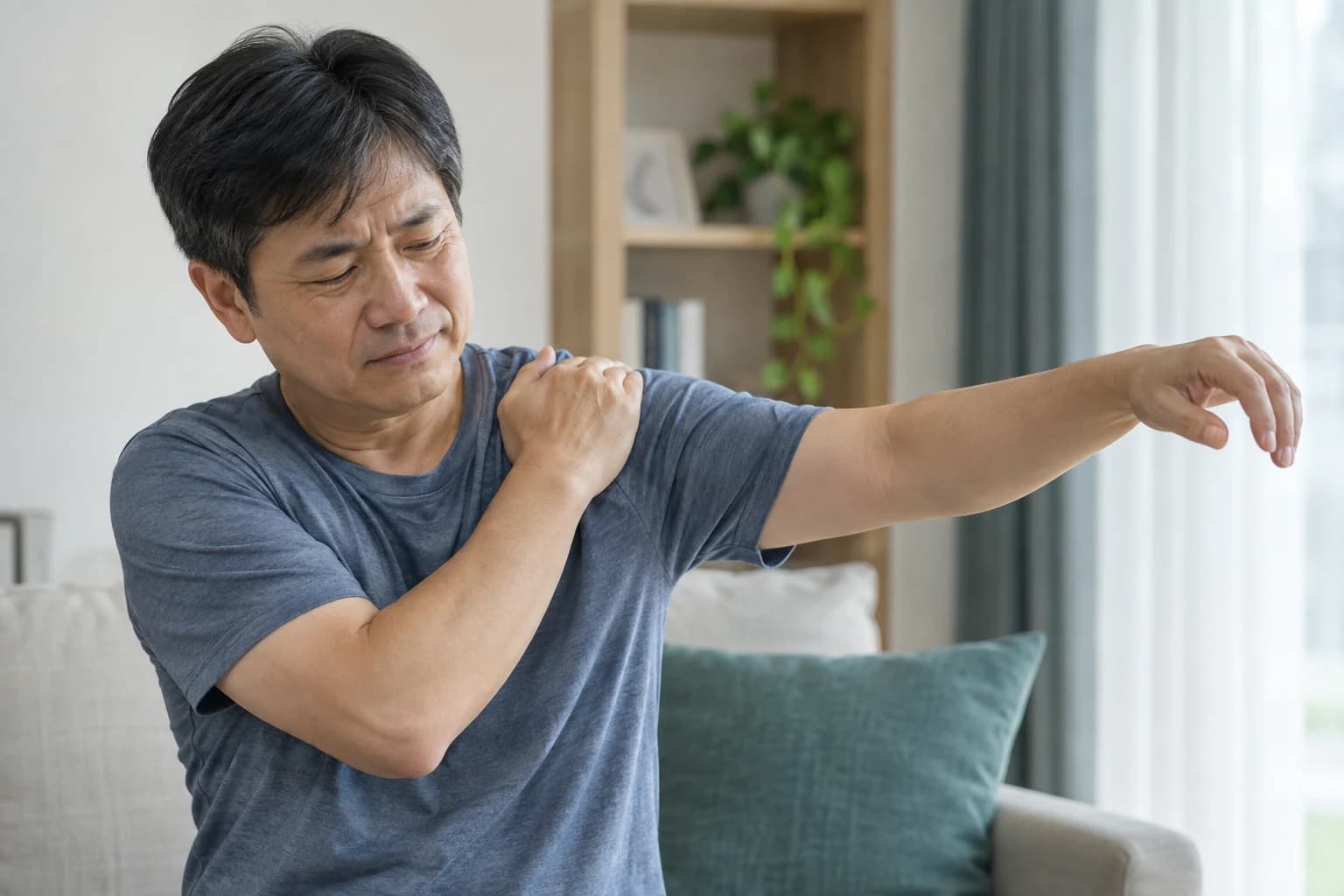 팔을 들어 올릴 때 어깨가 불편한 성인의 일상 장면 — AI 설명용 연출 이미지