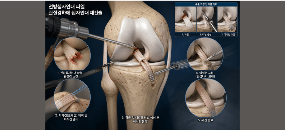 이식건을 이용한 전방 십자 인대 재건 과정을 나타낸 3D 의료 일러스트