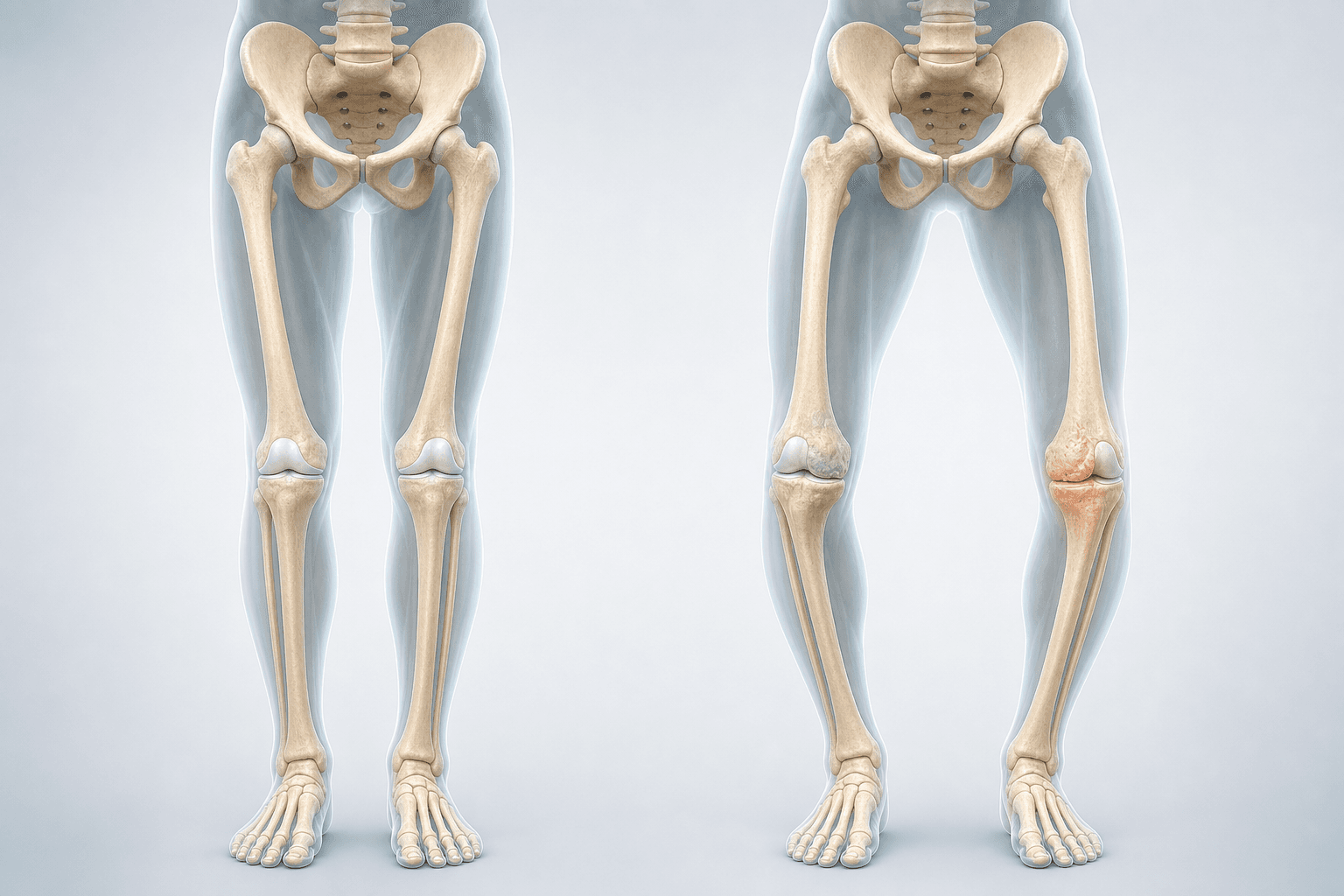 정상 하지 정렬과 내반 하지 정렬을 비교한 3D 의료 일러스트