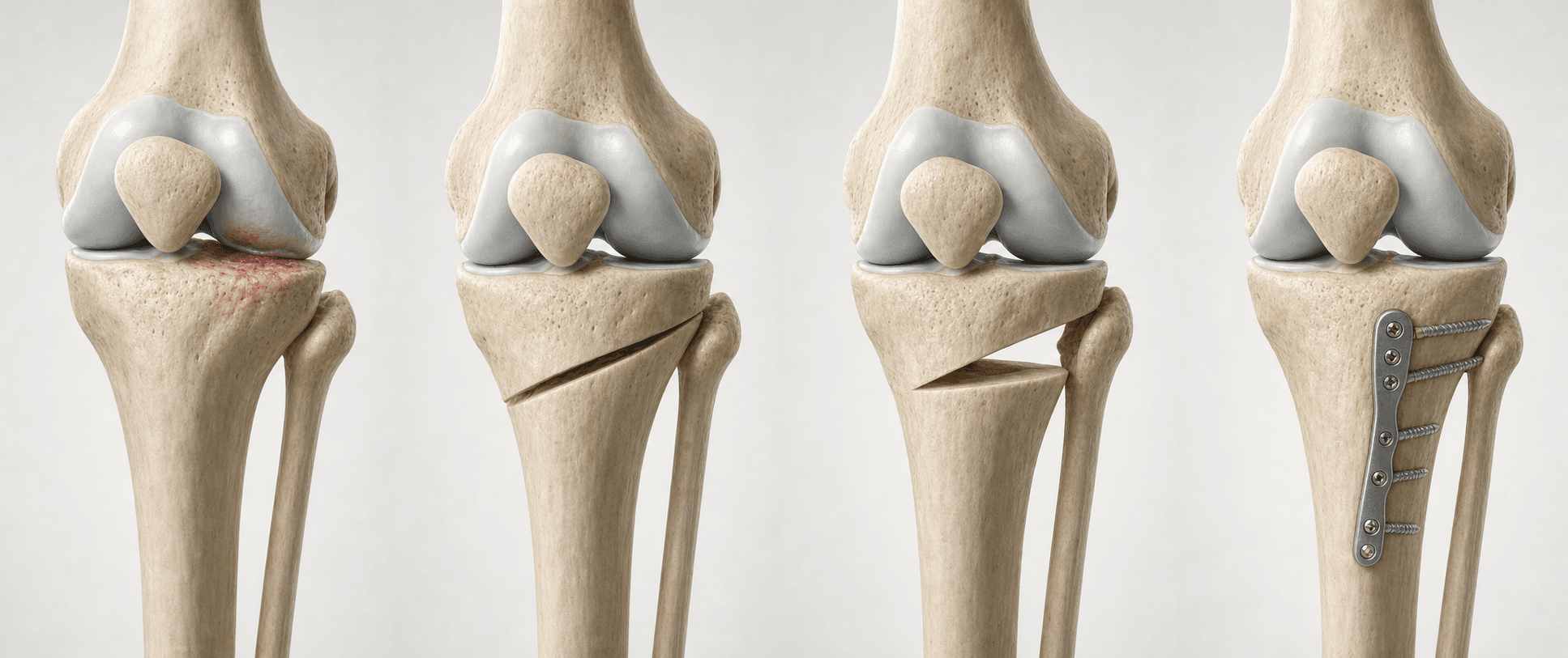 근위 경골 절골술의 절골과 정렬 교정 과정을 나타낸 3D 의료 일러스트